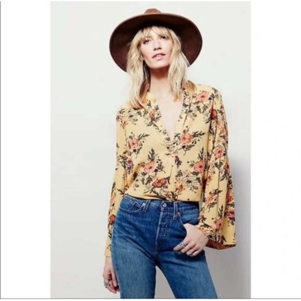 Free People‎ easy girl floral painted bell sleeve tunic size XS